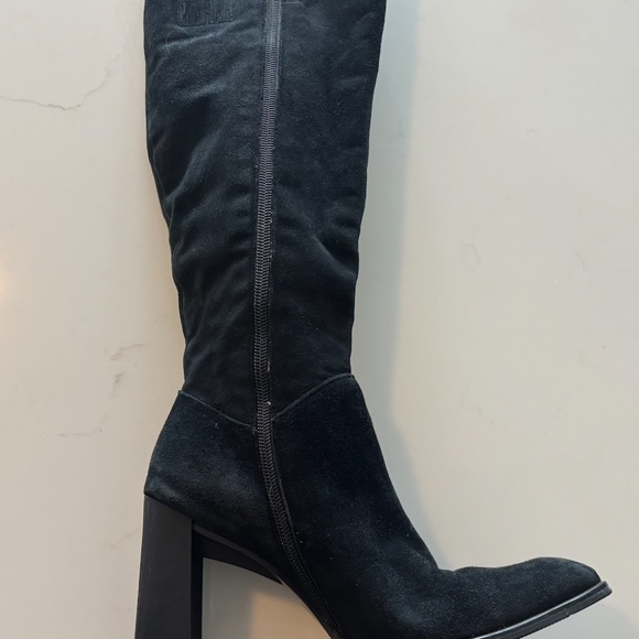 Black Suede Knee-High Boots with Gold Stripes & Red Animal Print Lining - Sz 6.5 - Picture 10 of 11